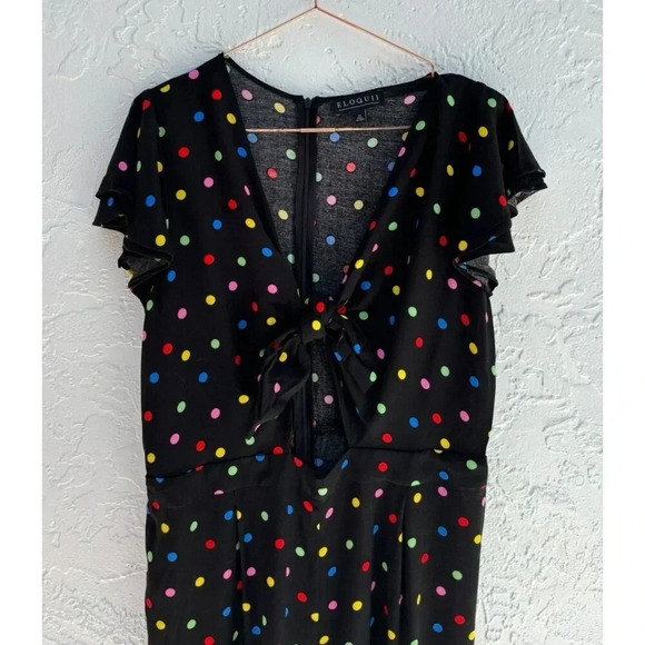 Eloquii Womens Flounce Sleeve Keyhole V Neck Polka Dot Jumpsuit Black Sz 14 - Picture 5 of 11